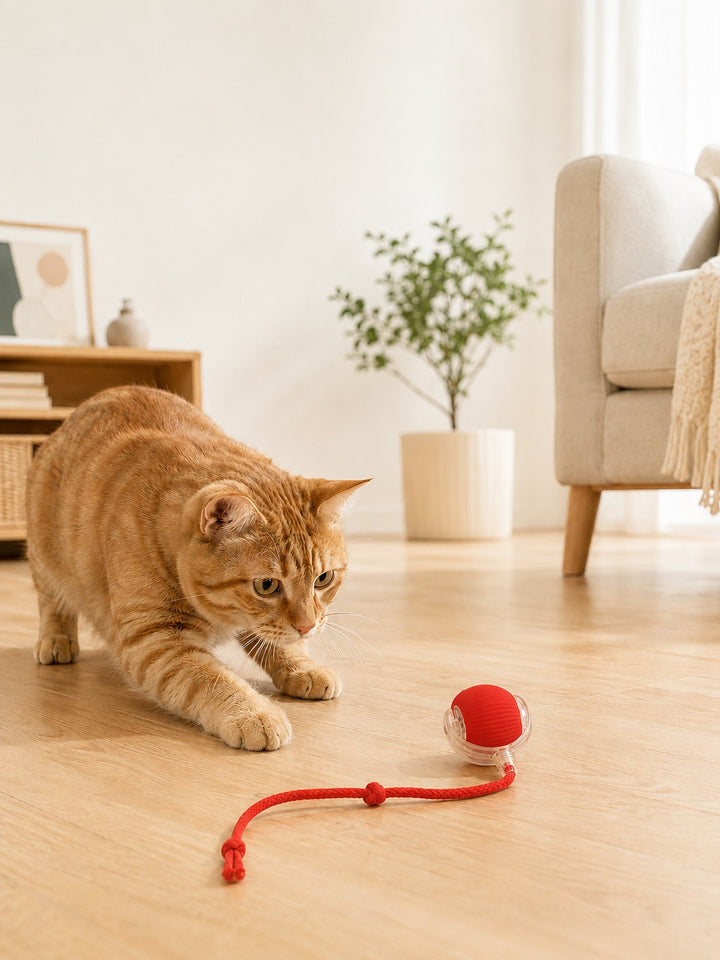 Cat following an interactive rolling ball with rope tail indoors