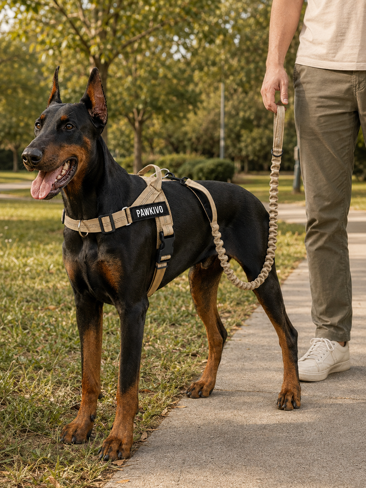 Dog wearing the personalized harness with bungee leash outdoors