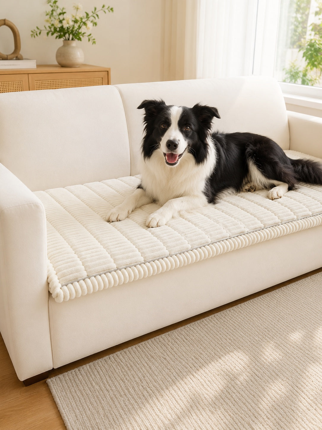 Cream plush pet couch cover with a Border Collie