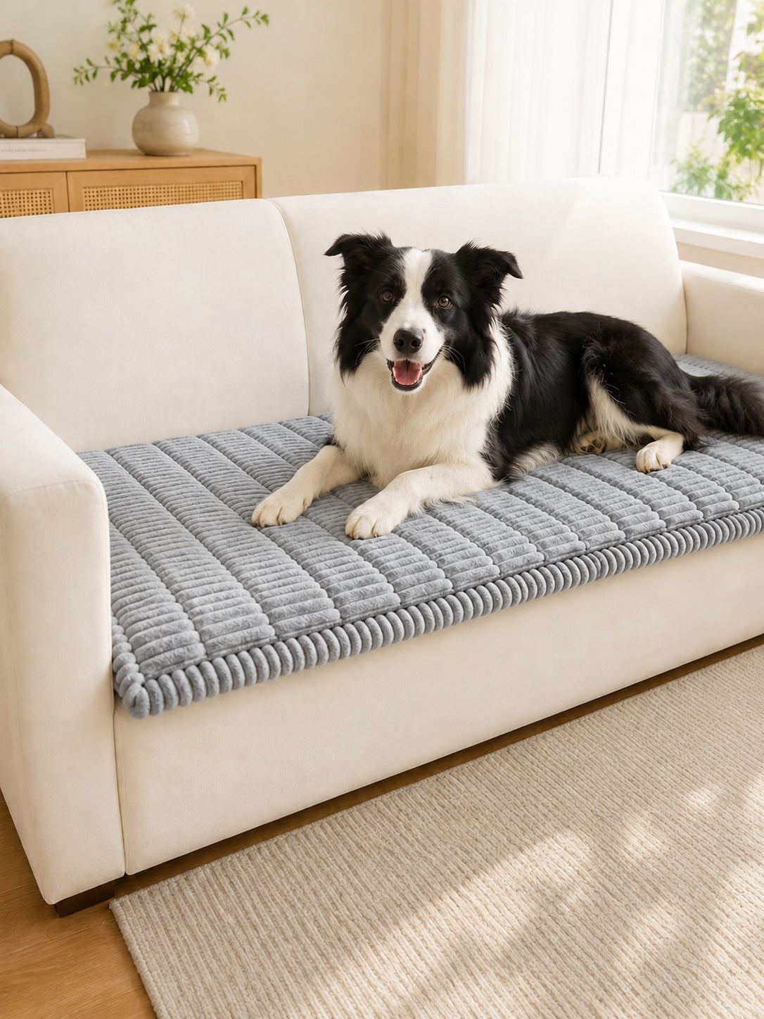 Light gray plush pet couch cover with a Border Collie