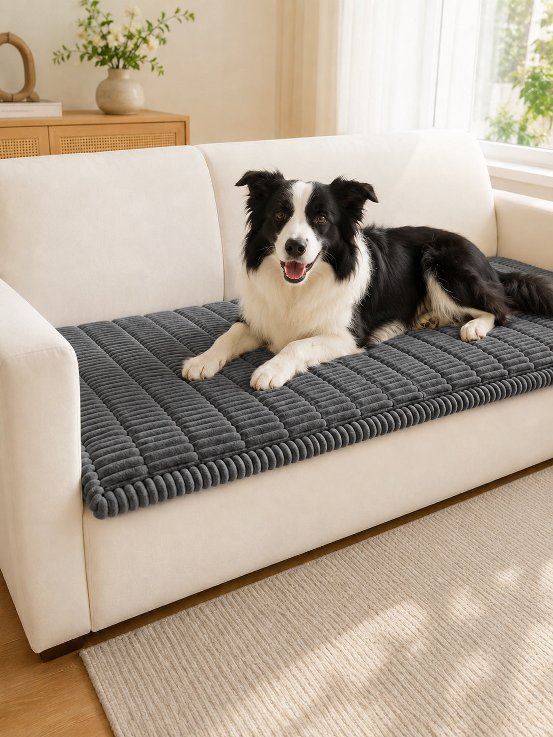 Charcoal gray plush pet couch cover with a Border Collie