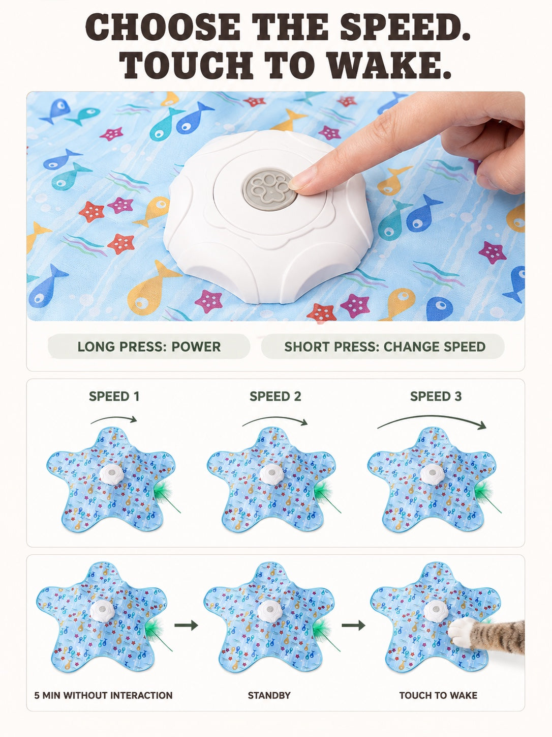 Three speeds and touch-to-wake controls for the cat toy mat