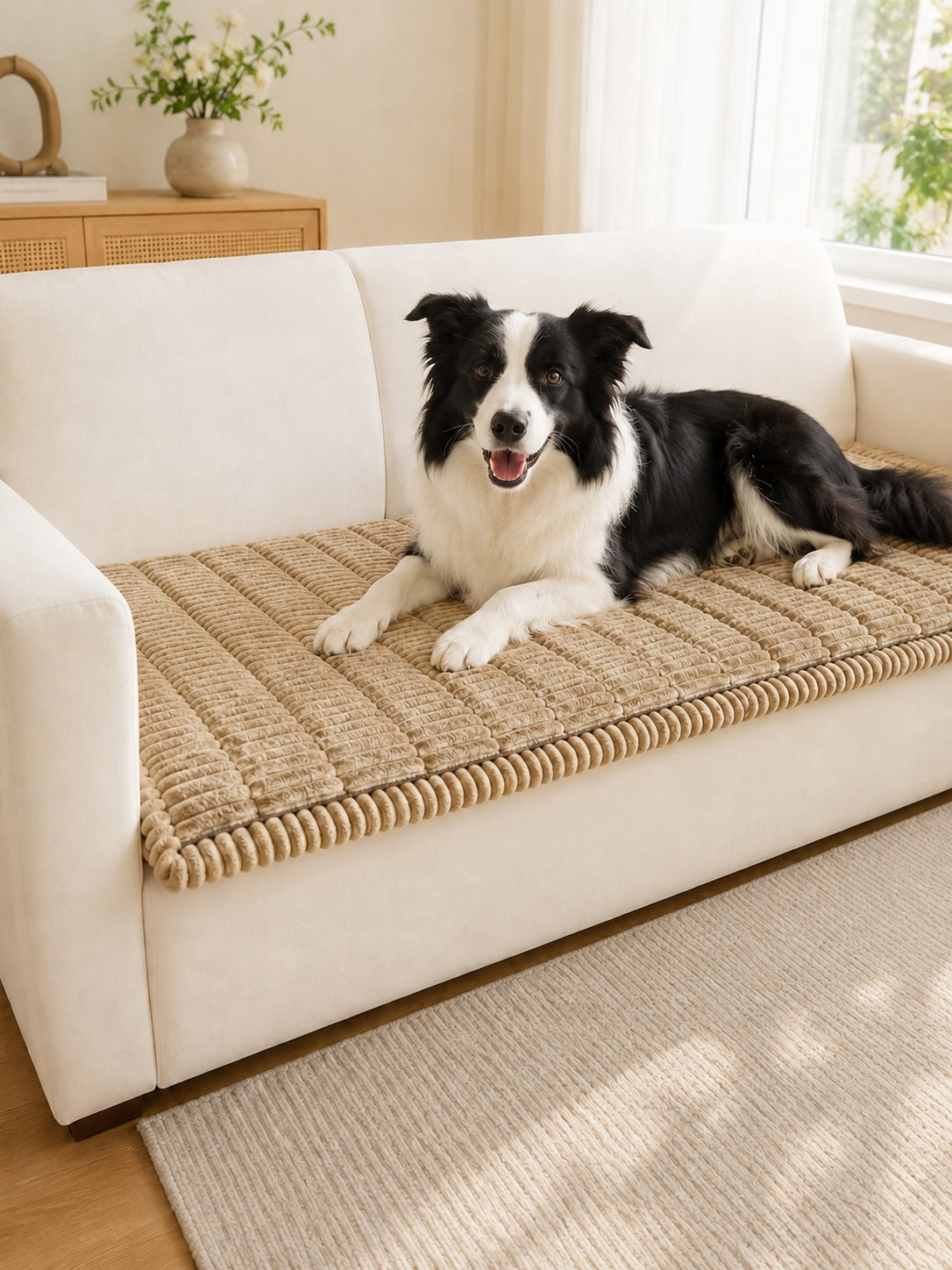 Sand plush pet couch cover with a Border Collie
