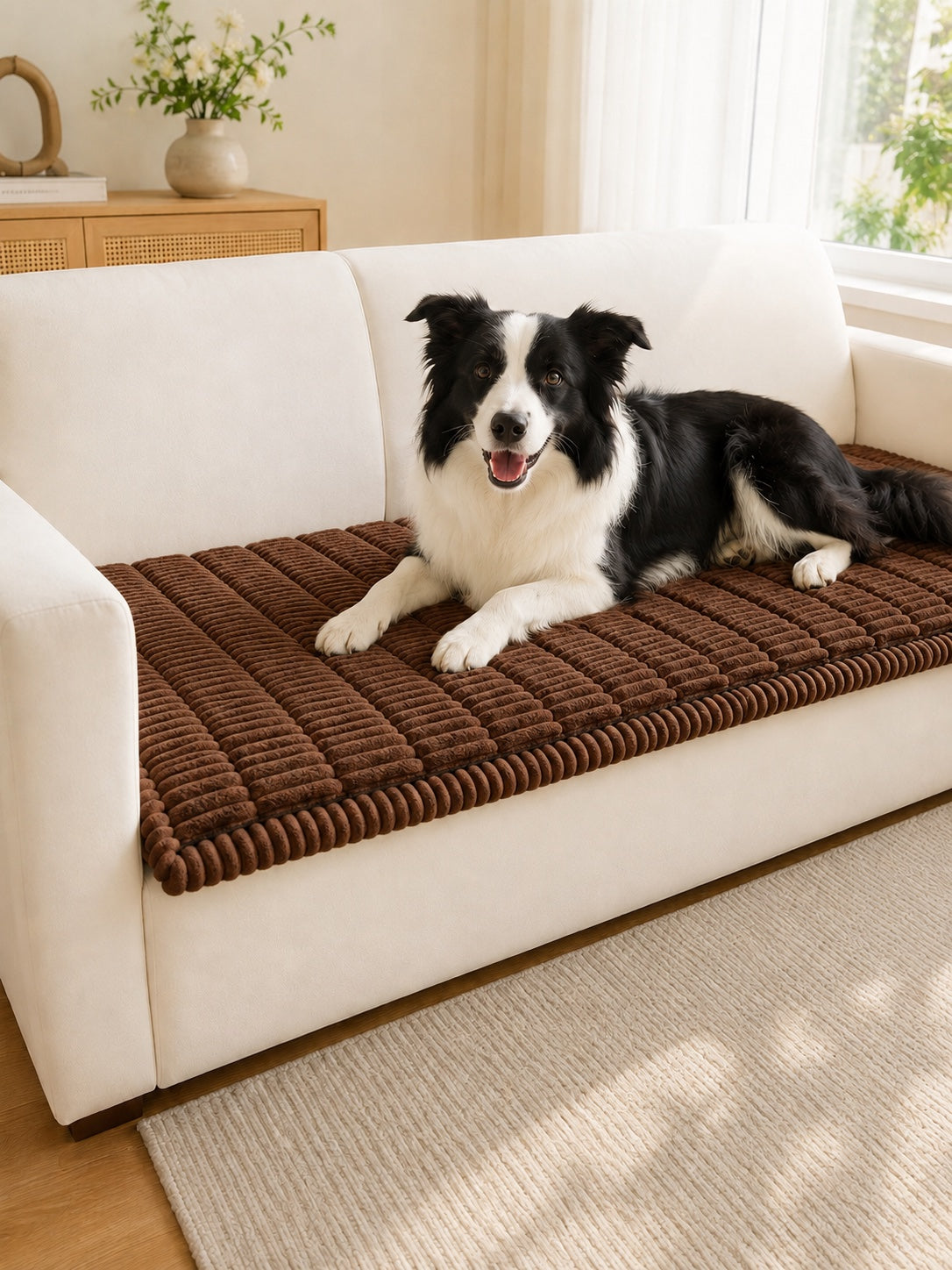 Deep brown plush pet couch cover with a Border Collie