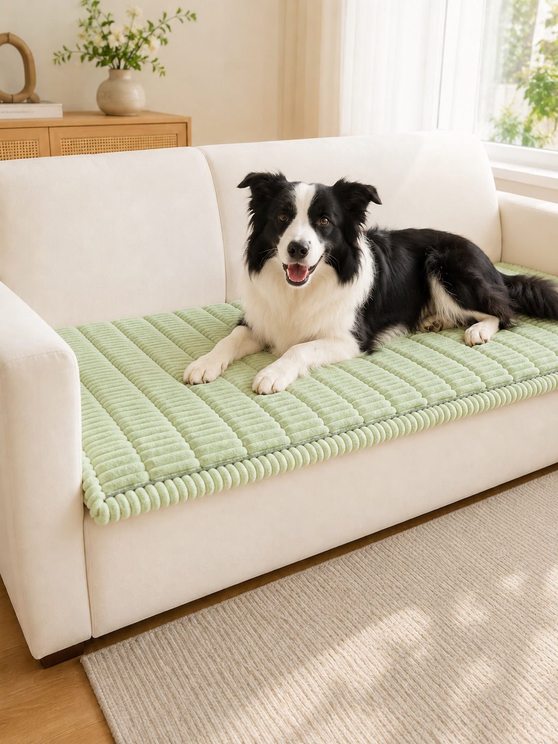 Soft green plush pet couch cover with a Border Collie