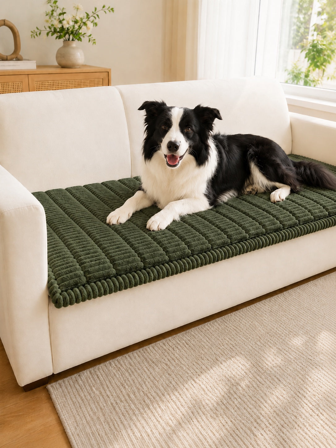 Forest green plush pet couch cover with a Border Collie