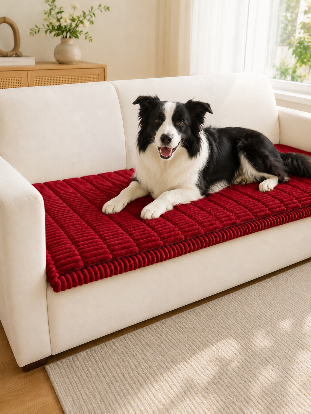 Deep red plush pet couch cover with a Border Collie