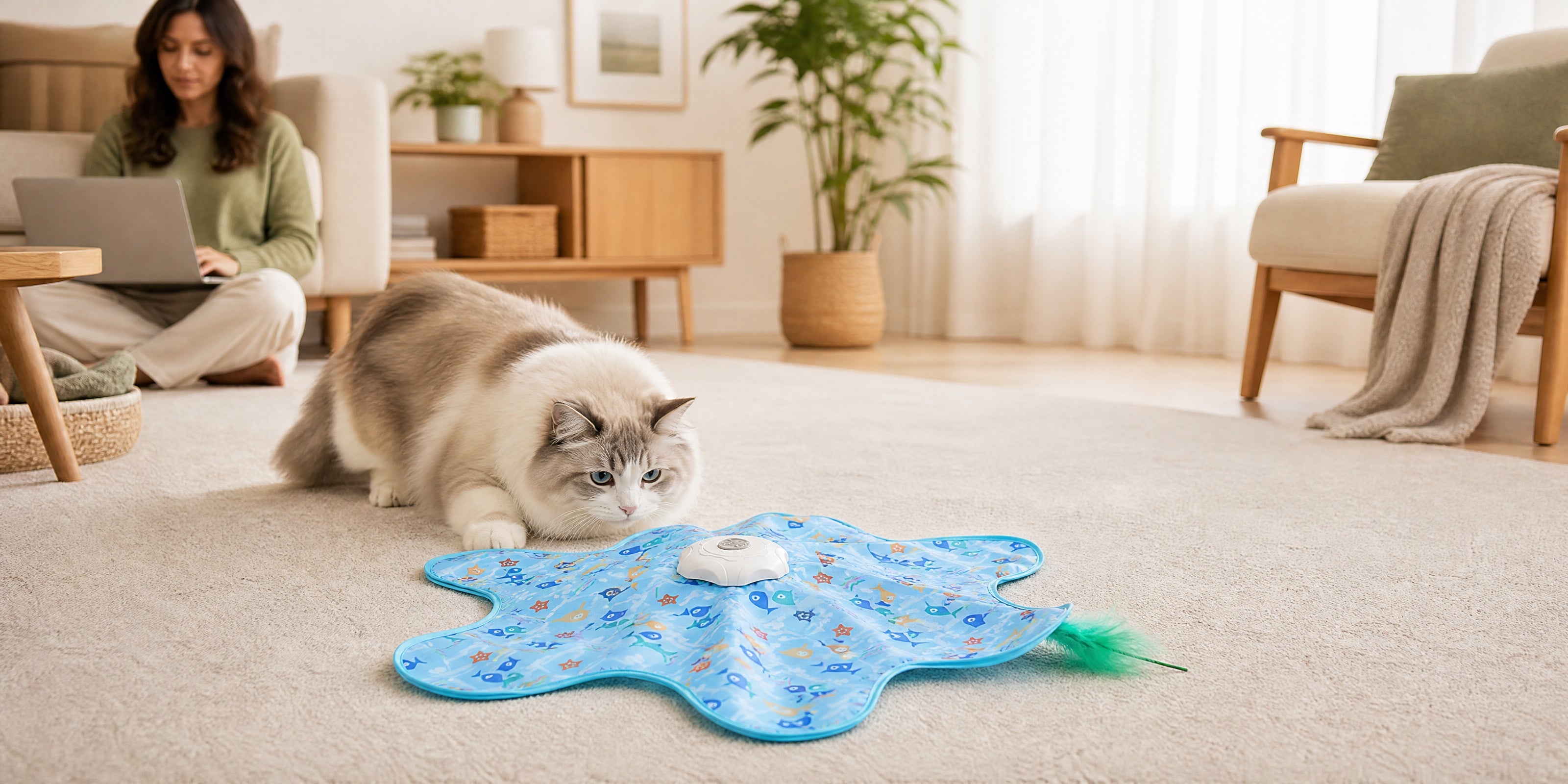 Indoor cat stalking the hidden feather while its owner works nearby