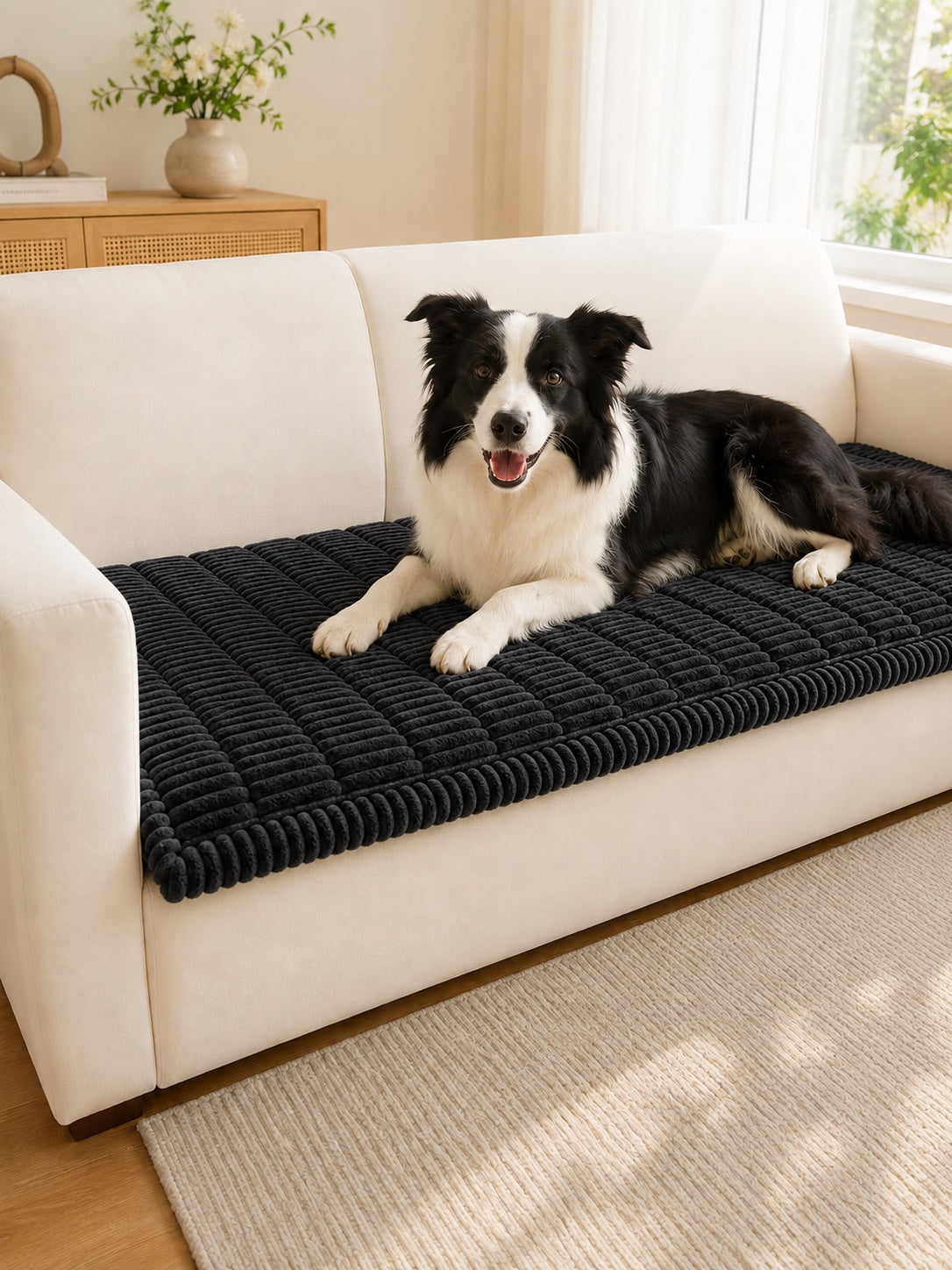 Black plush pet couch cover with a Border Collie