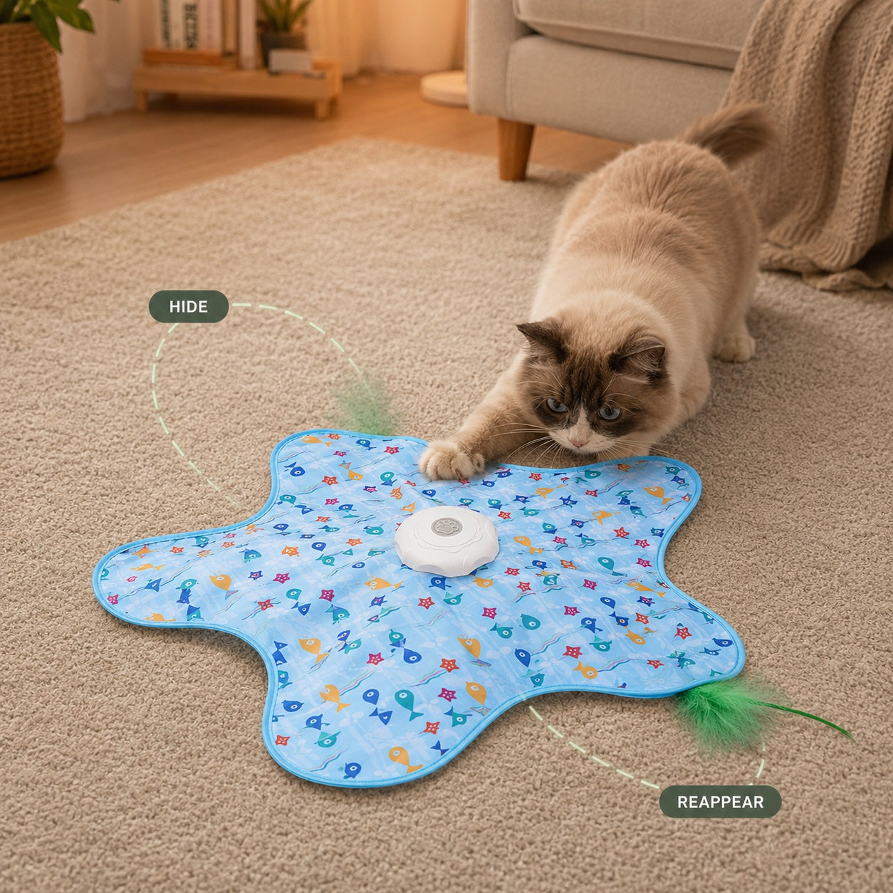 Cat watching the feather hide and reappear around the mat