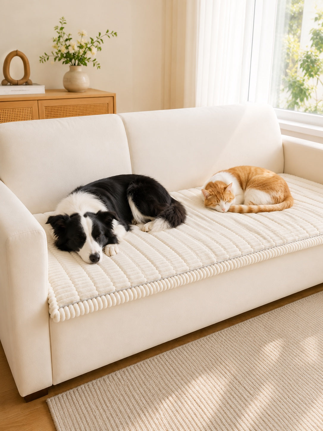 Cream plush couch cover shared by a cat and Border Collie