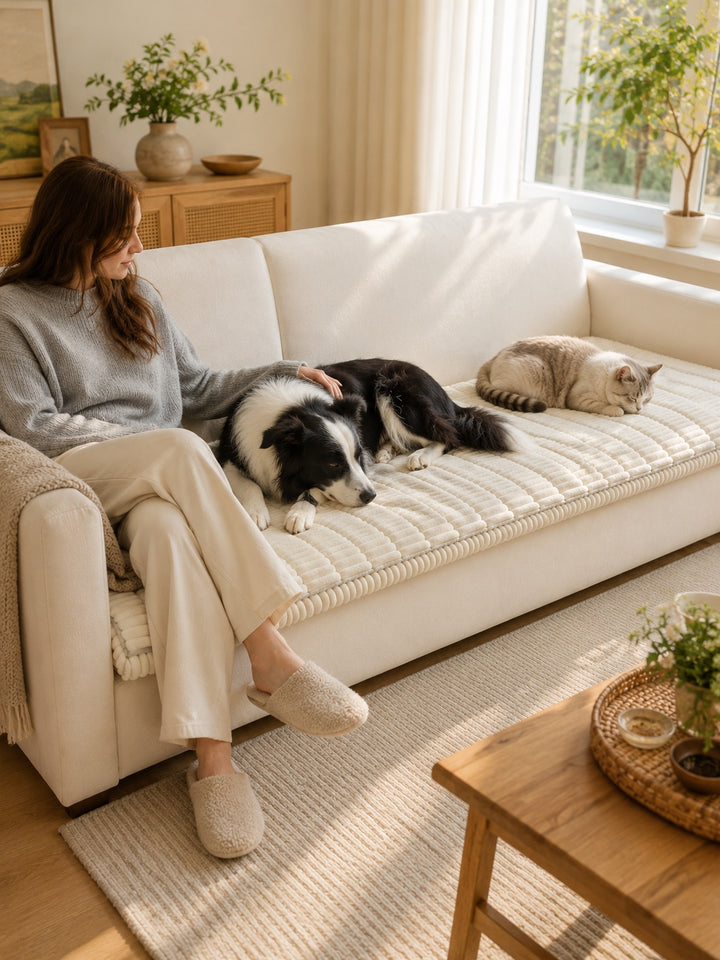Cream plush couch cover with a woman, cat, and Border Collie