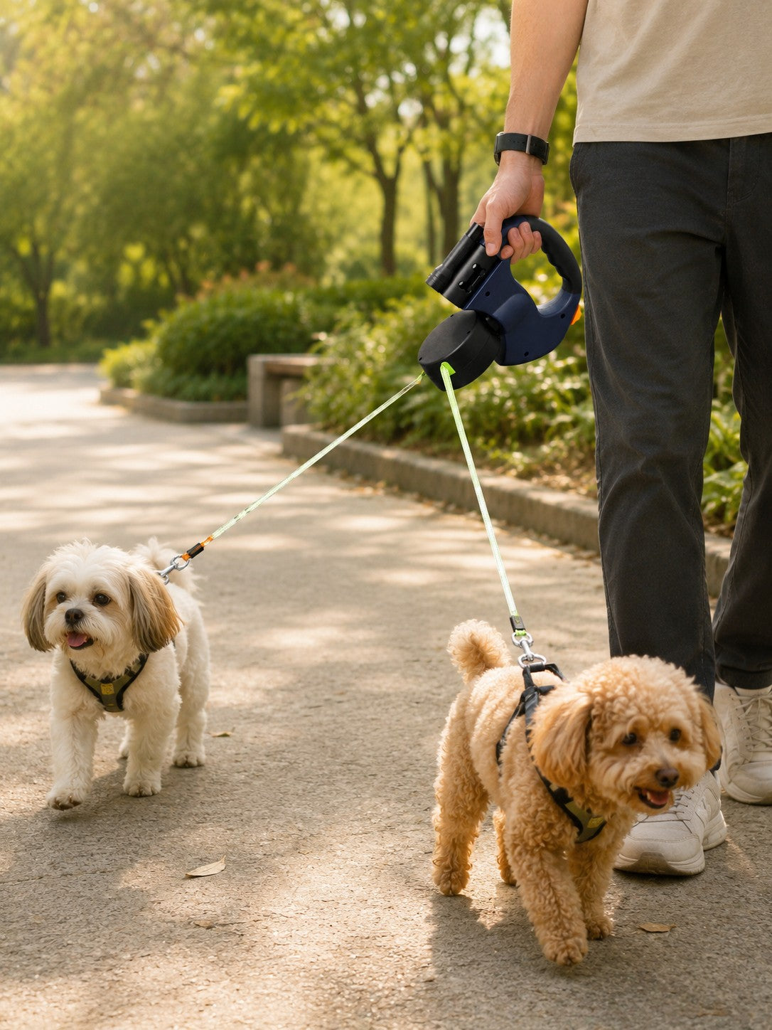 Person walking two small dogs with one dual retractable leash handle