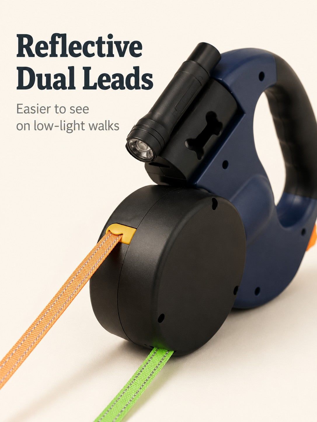 Reflective orange and green dual leash webbing close-up
