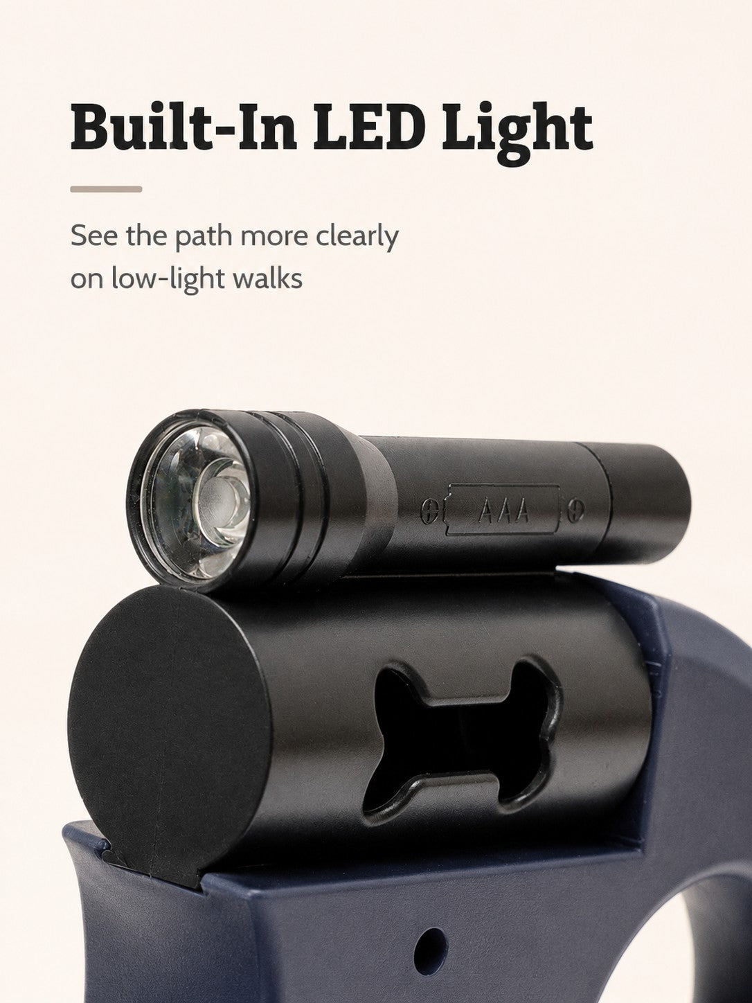 Built-in LED light and pet waste bag holder close-up