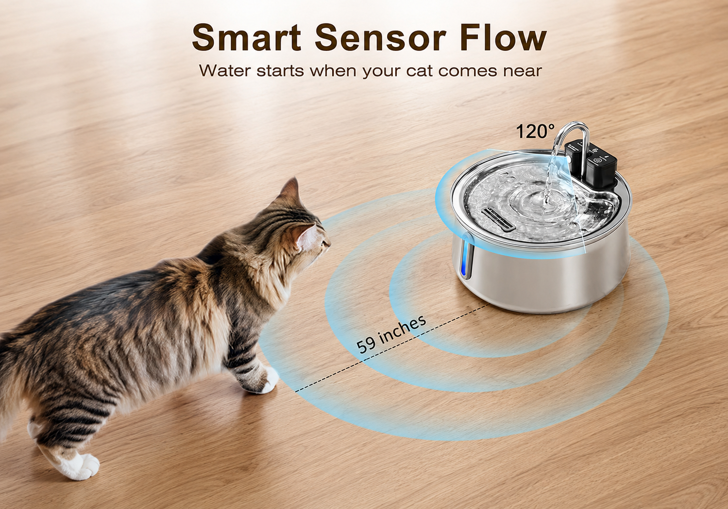 Wireless sensor cat water fountain showing sensing angle and distance