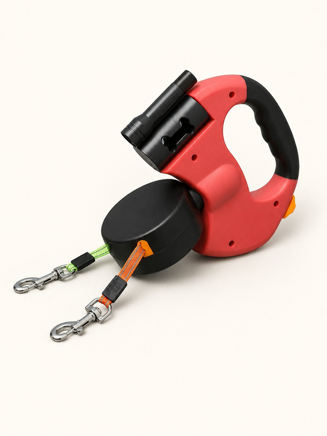 Red dual retractable dog leash for two small dogs