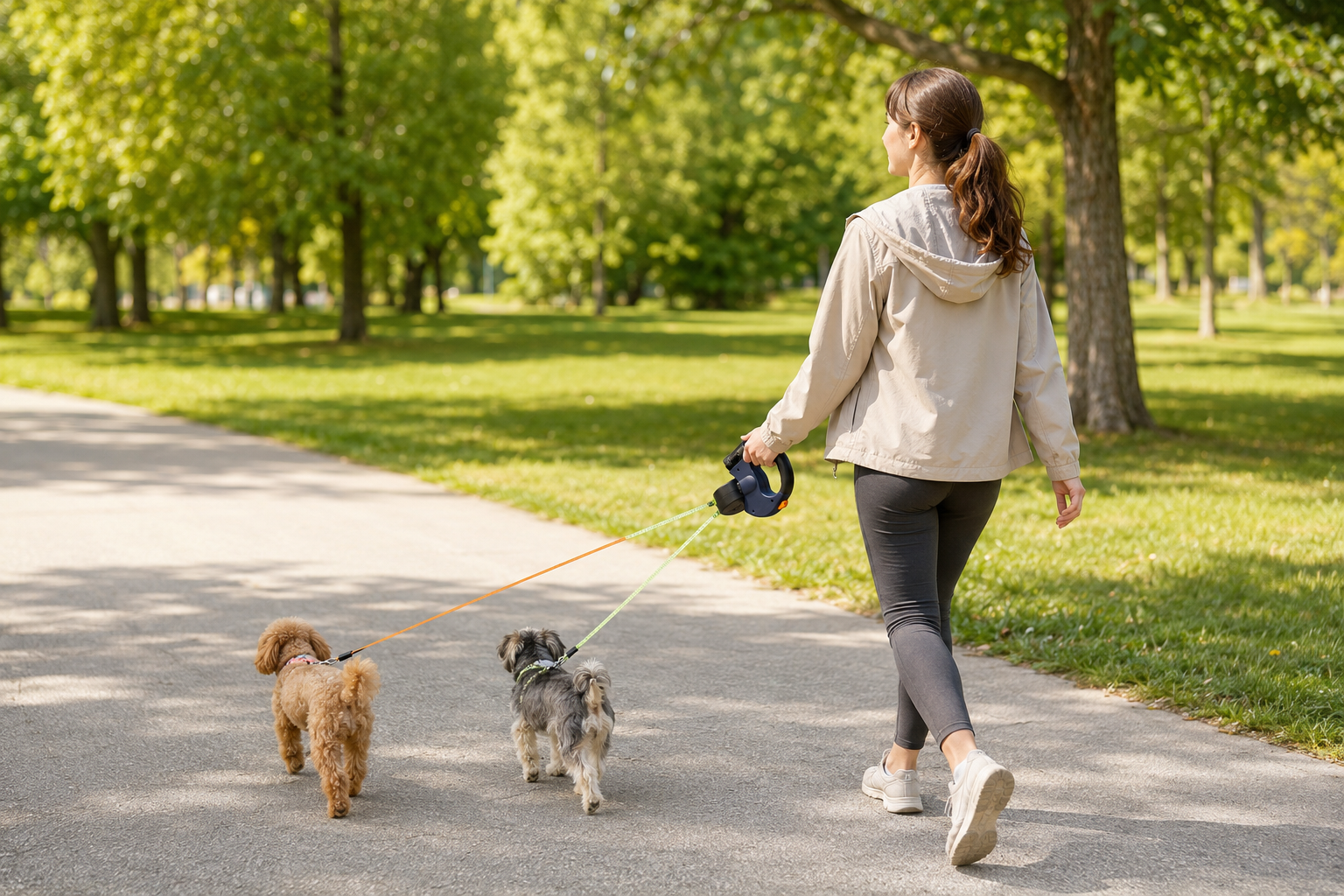 Person walking two small dogs with a dual retractable leash
