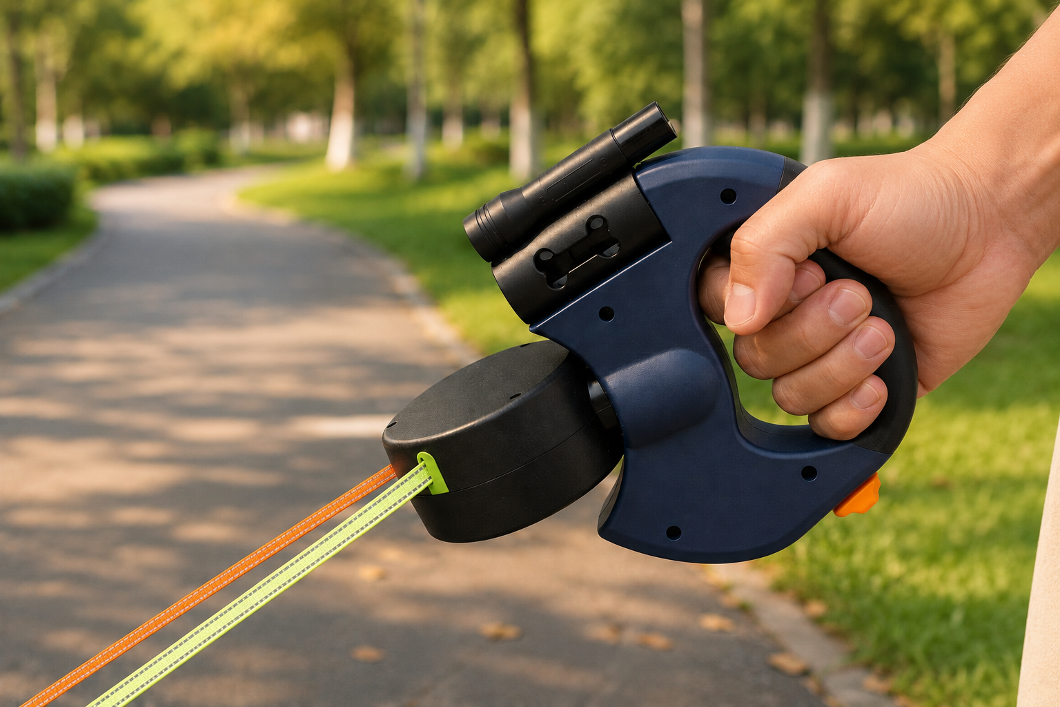 Close-up of dual retractable dog leash with two separate leads