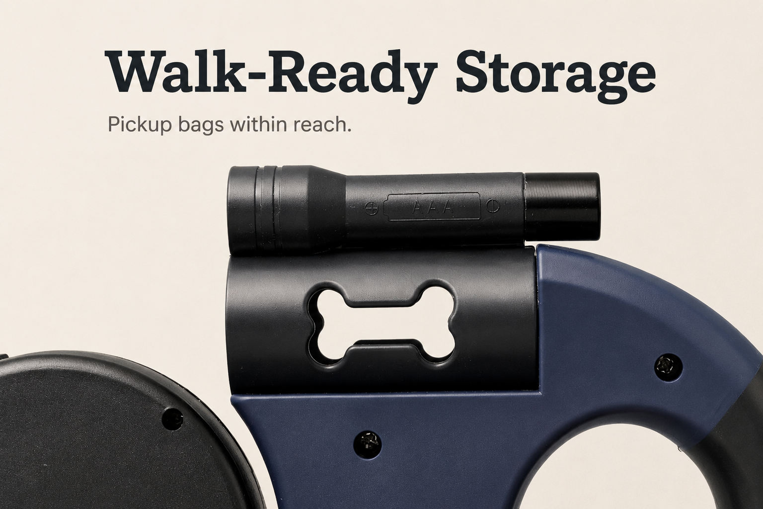 Walk-ready storage close-up on dual retractable dog leash