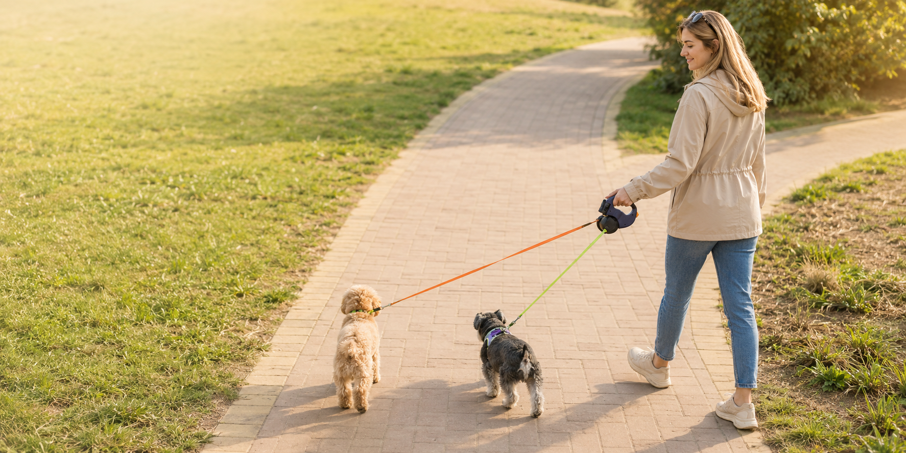 Person walking two small dogs with a dual retractable dog leash in a park