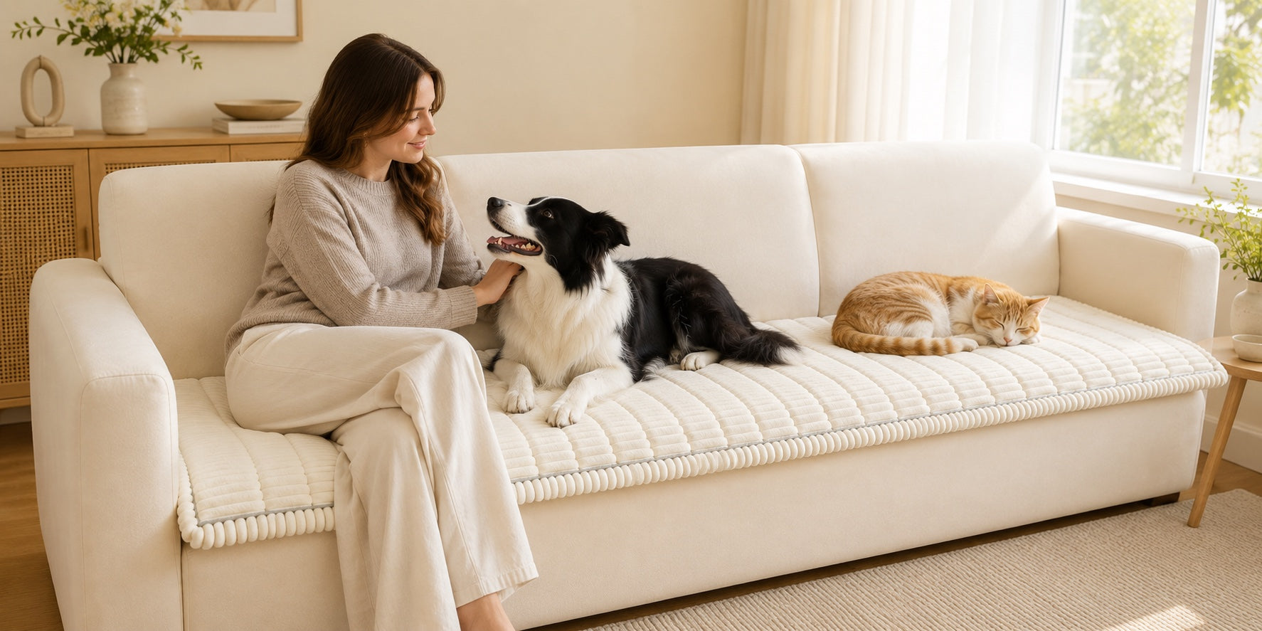 Woman relaxing with a Jack Russell Terrier and sleeping cat on a cream plush pet couch cover