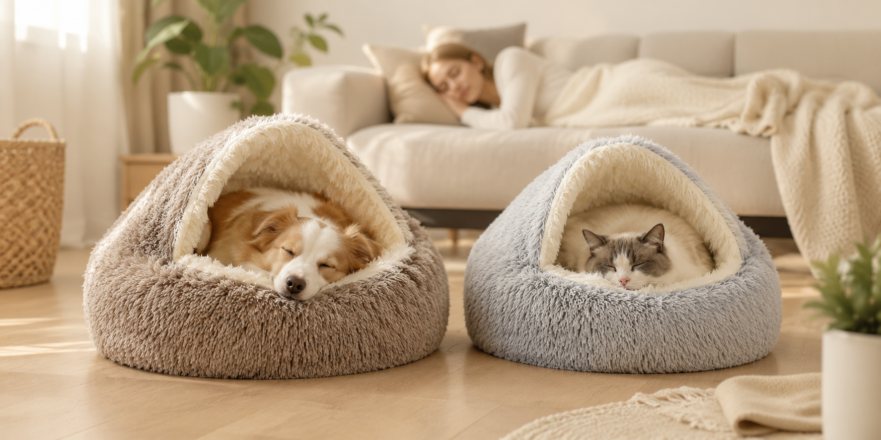 Cat and dog sleeping in hooded plush pet beds beside a resting owner