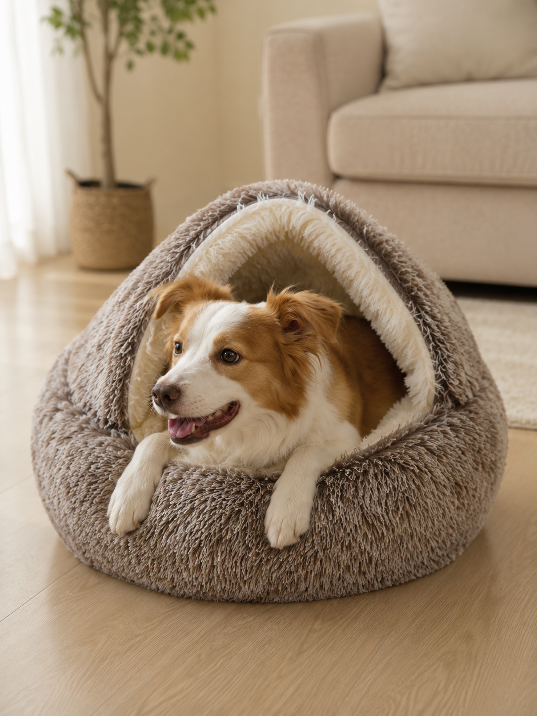 Dog resting in a coffee hooded plush pet bed