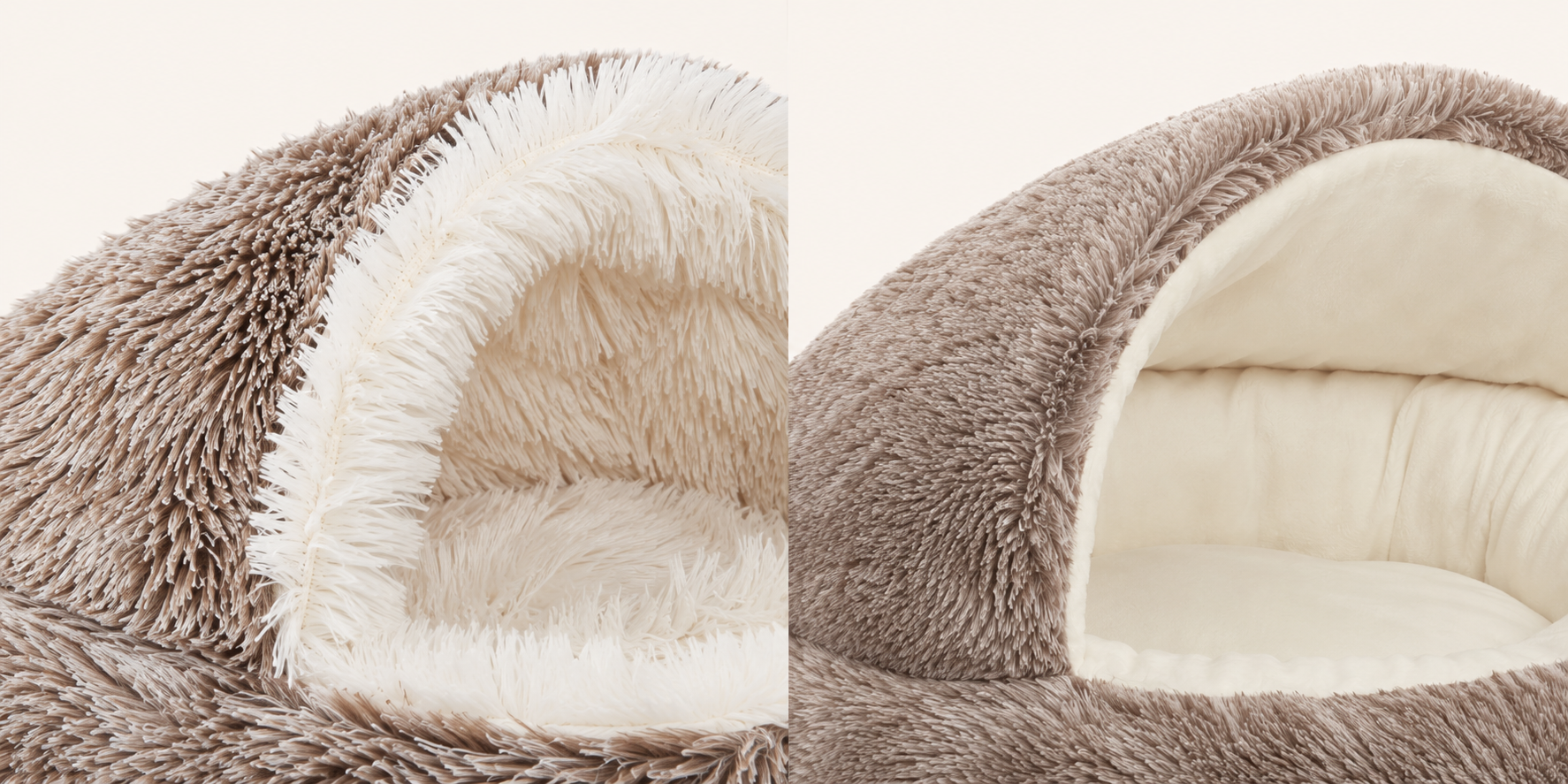 Close-up comparison of long plush and short plush hooded pet beds