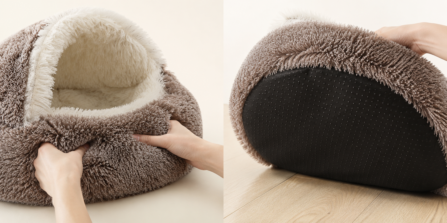 Soft padded rim and dotted non-slip base of a hooded plush pet bed