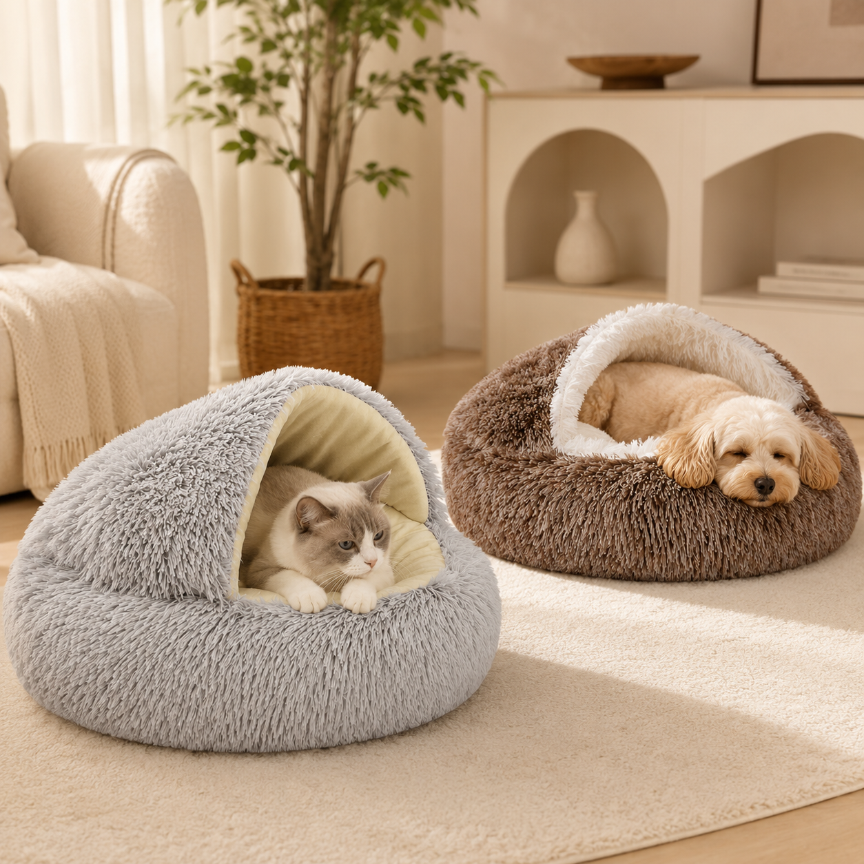 Cat tucked inside and dog lounging in hooded plush pet beds