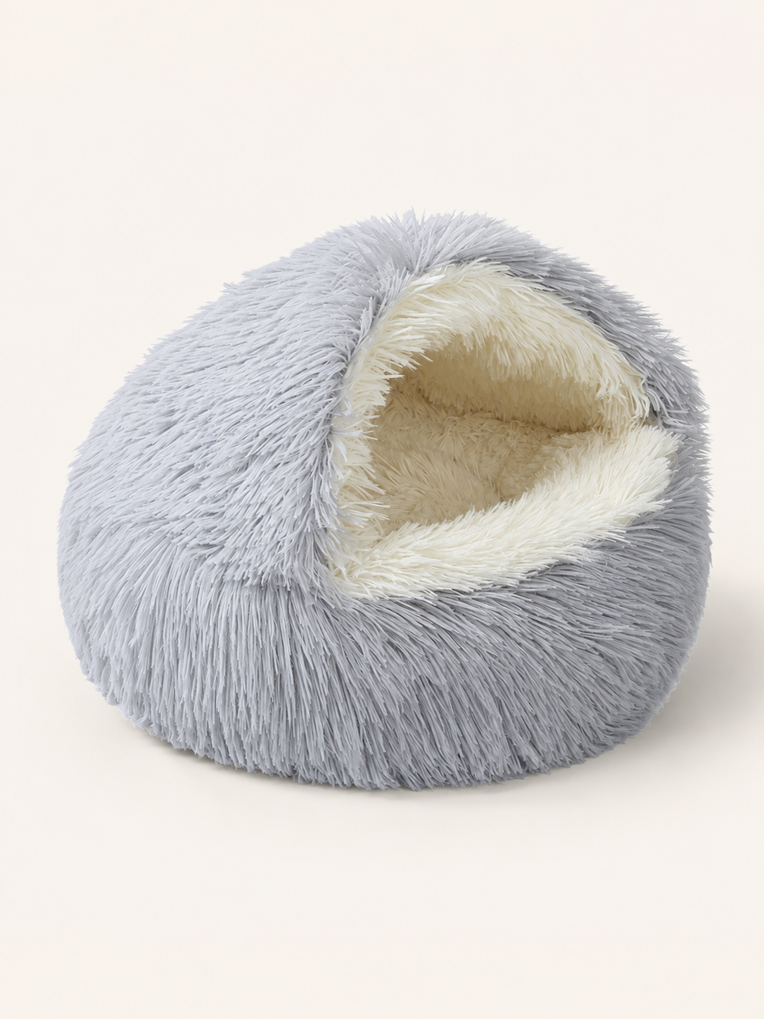 Long plush gray hooded pet bed
