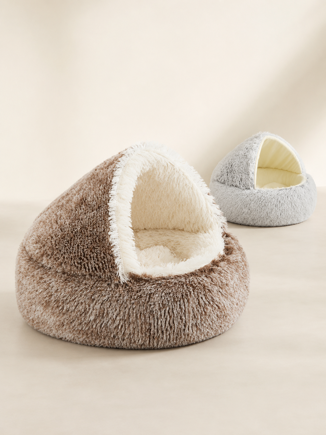 Long and short plush hooded pet beds in coffee and gray