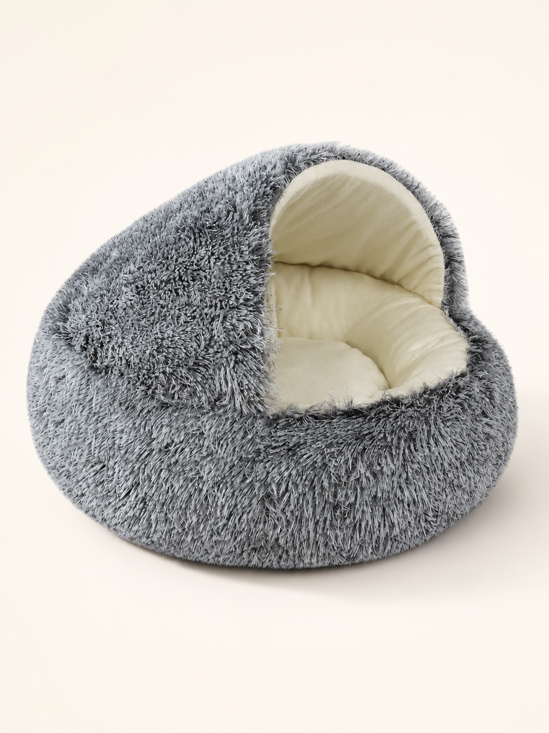 Short plush black hooded pet bed