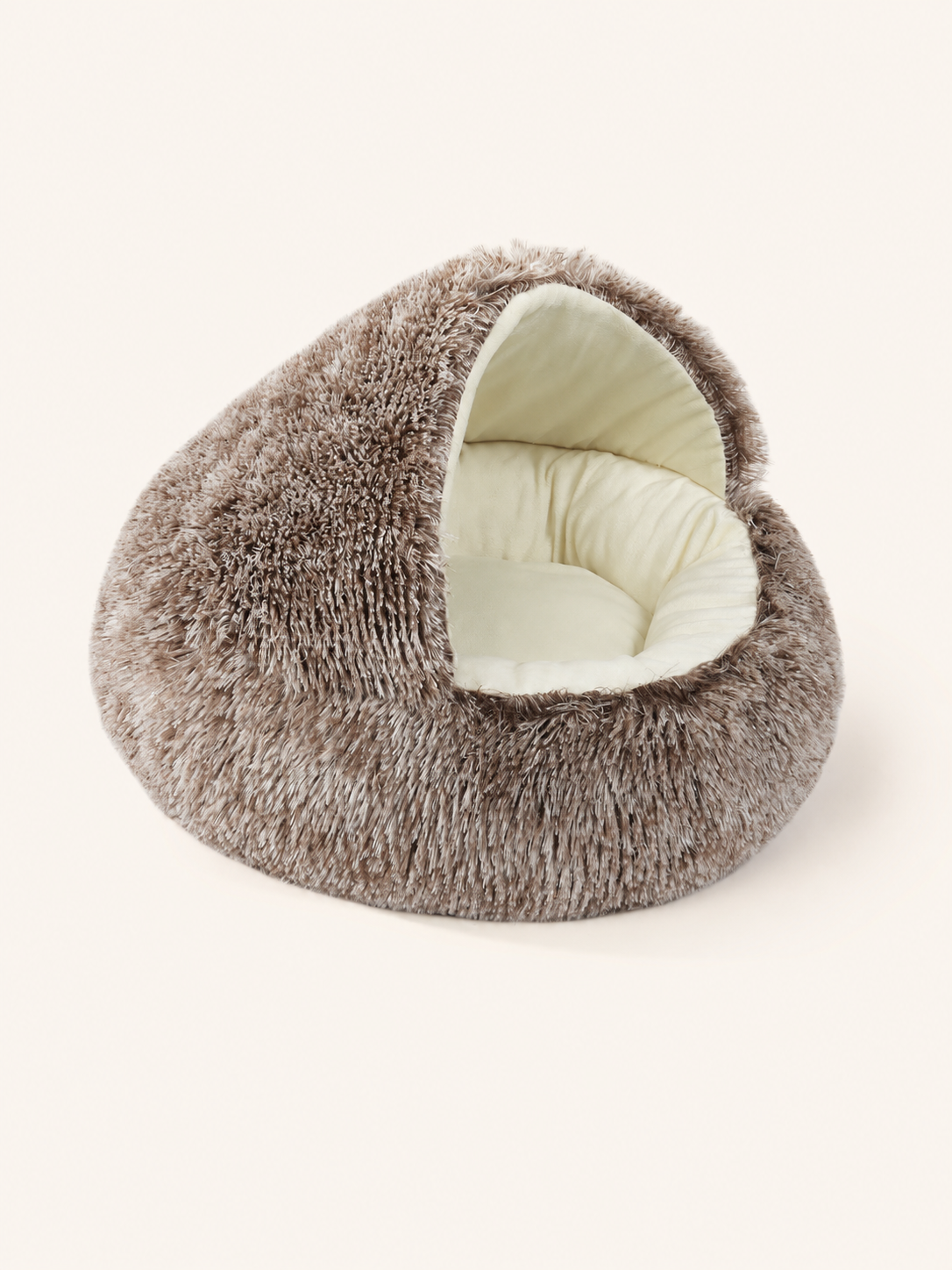 Short plush coffee hooded pet bed