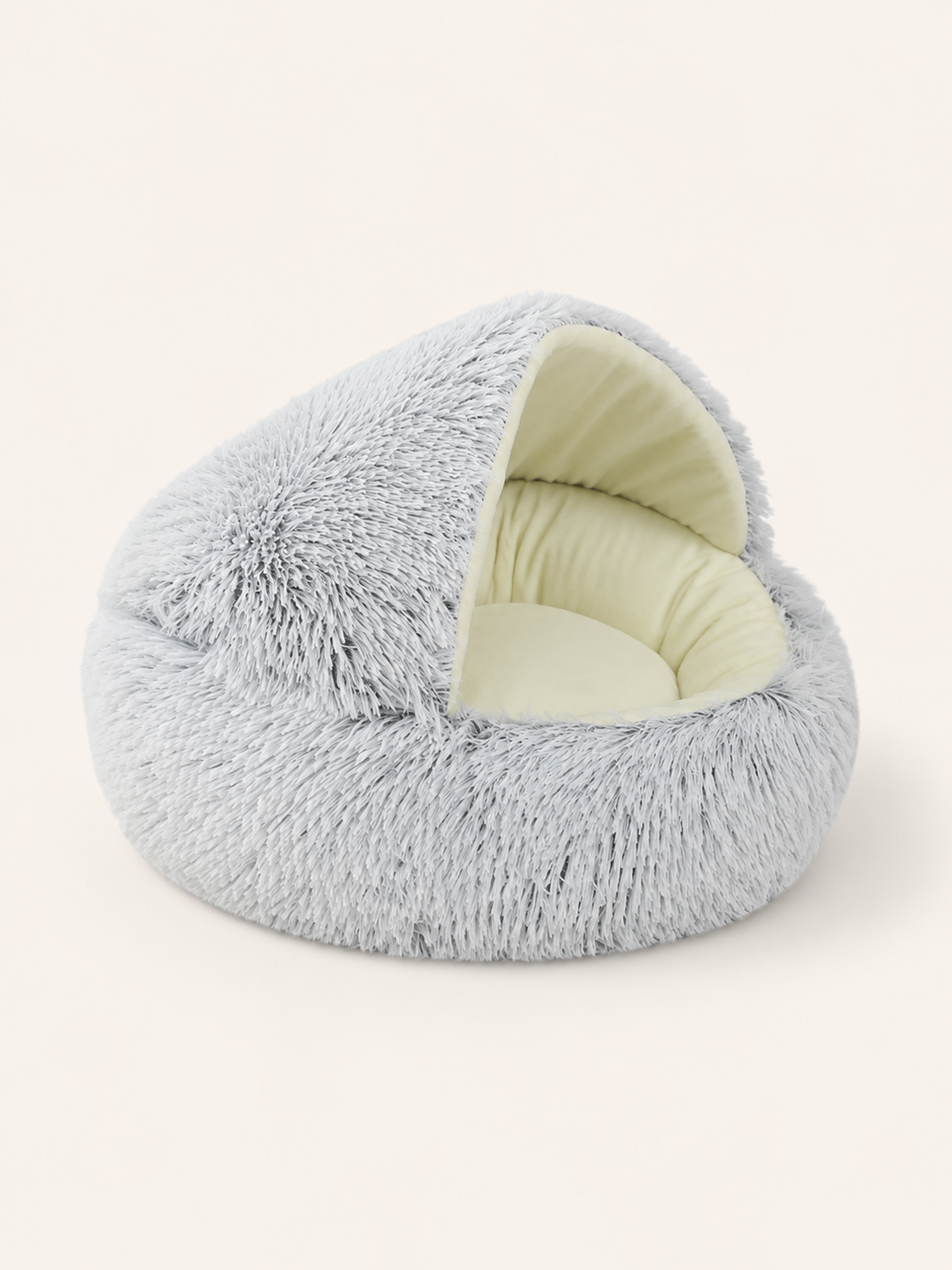 Short plush gray hooded pet bed