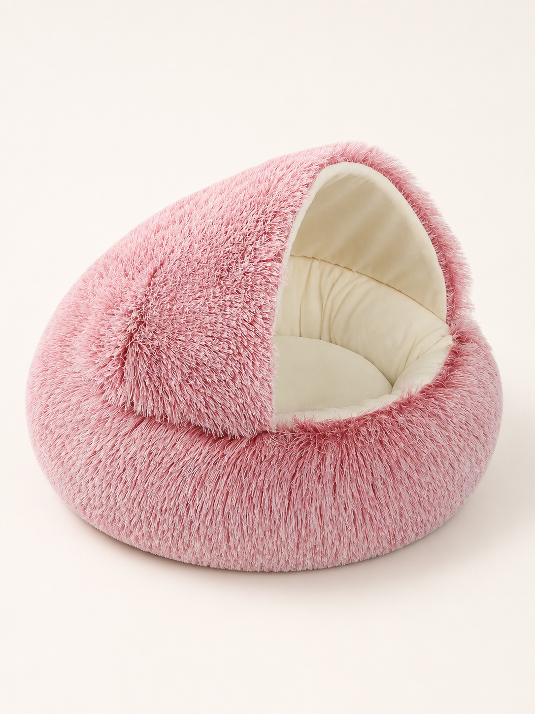 Short plush red hooded pet bed