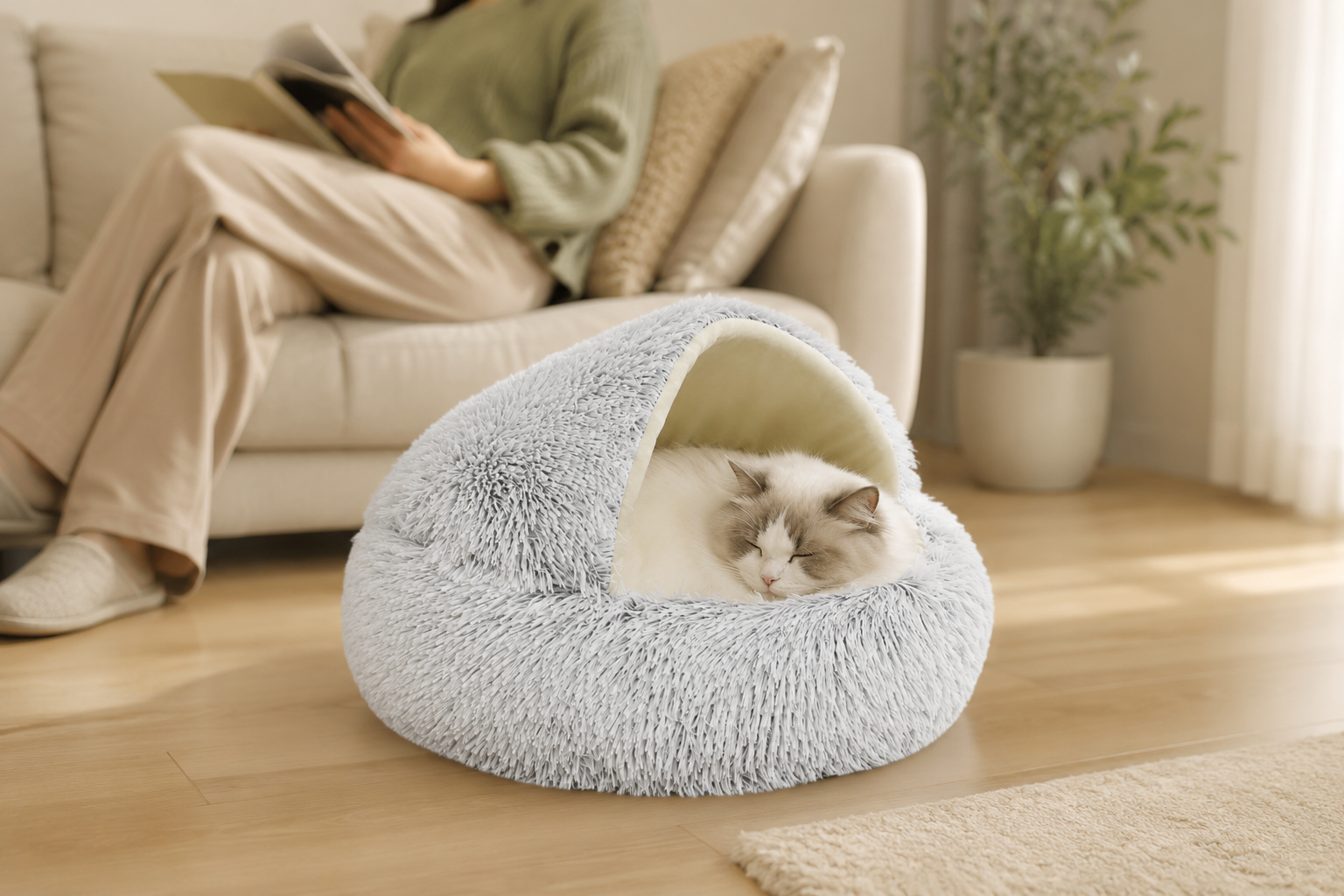 Cat resting in a hooded plush pet bed beside its owner