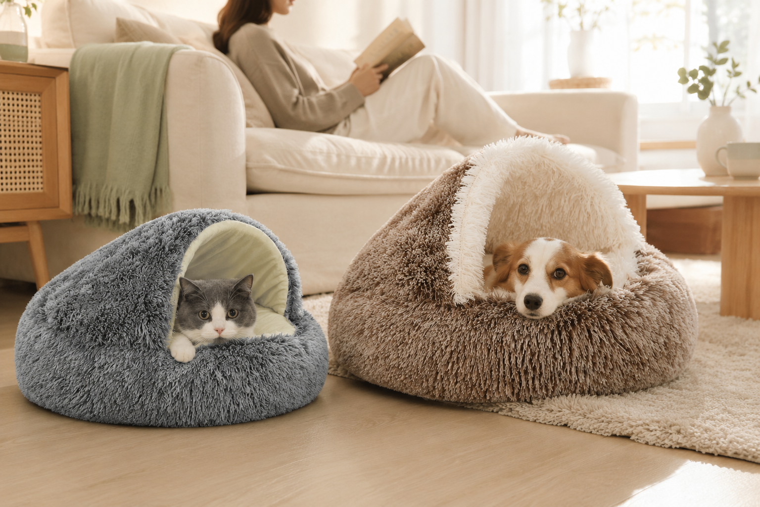 Cat and dog using hooded plush pet beds in two resting positions