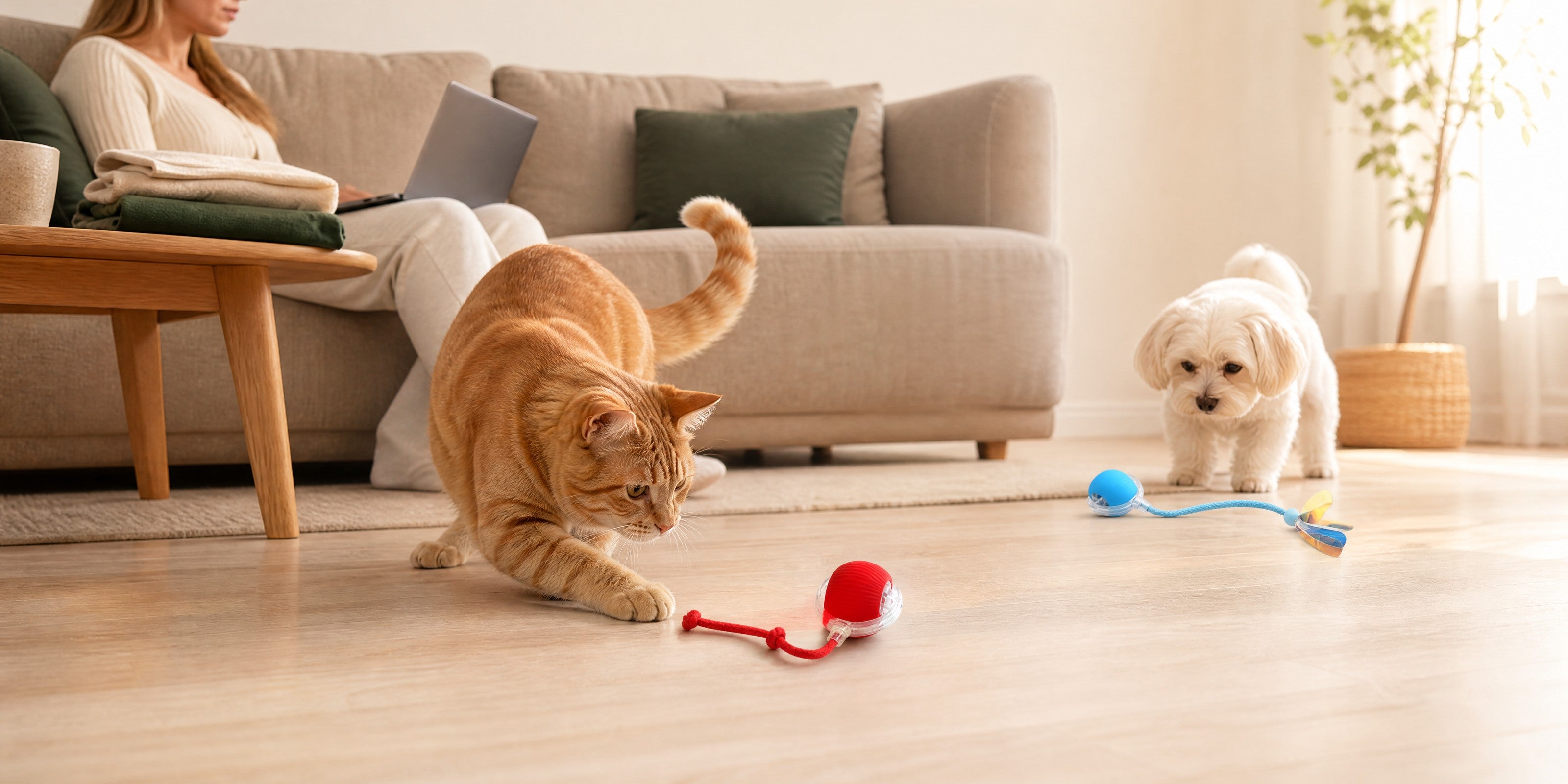 Cat and small dog playing with interactive rolling tail balls indoors