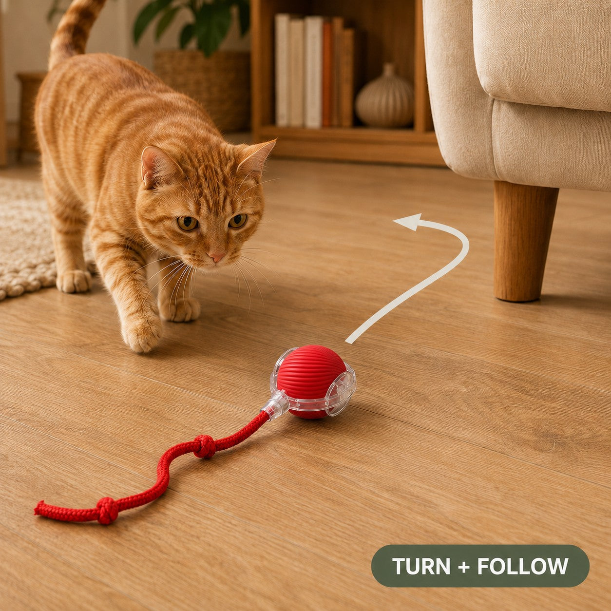 Rolling tail ball changing direction as a cat follows
