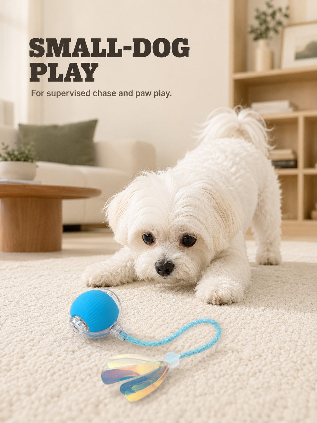 Small dog following a blue dragonfly tail rolling ball indoors