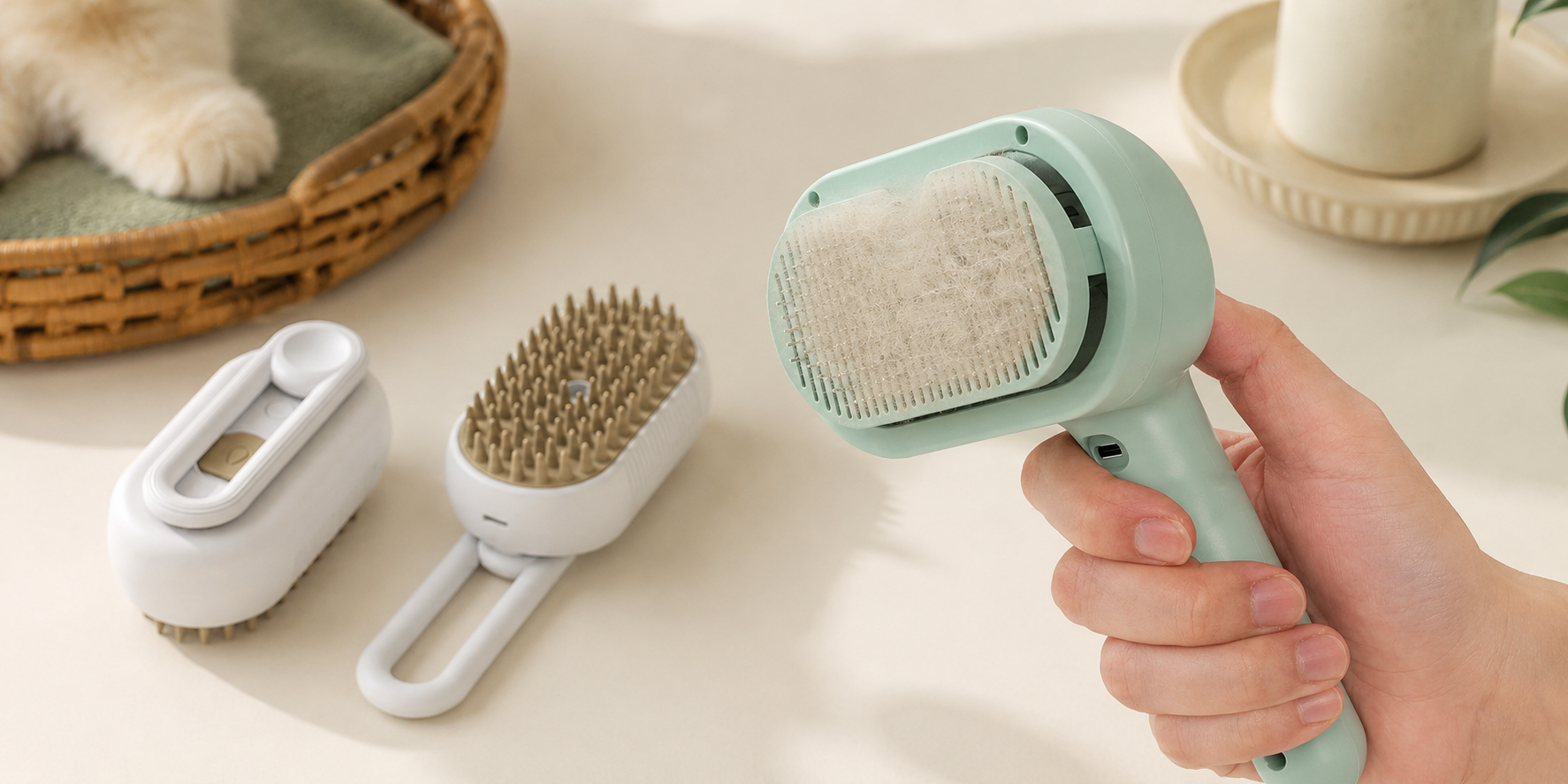 Mist grooming brush with collected loose fur ready for cleanup