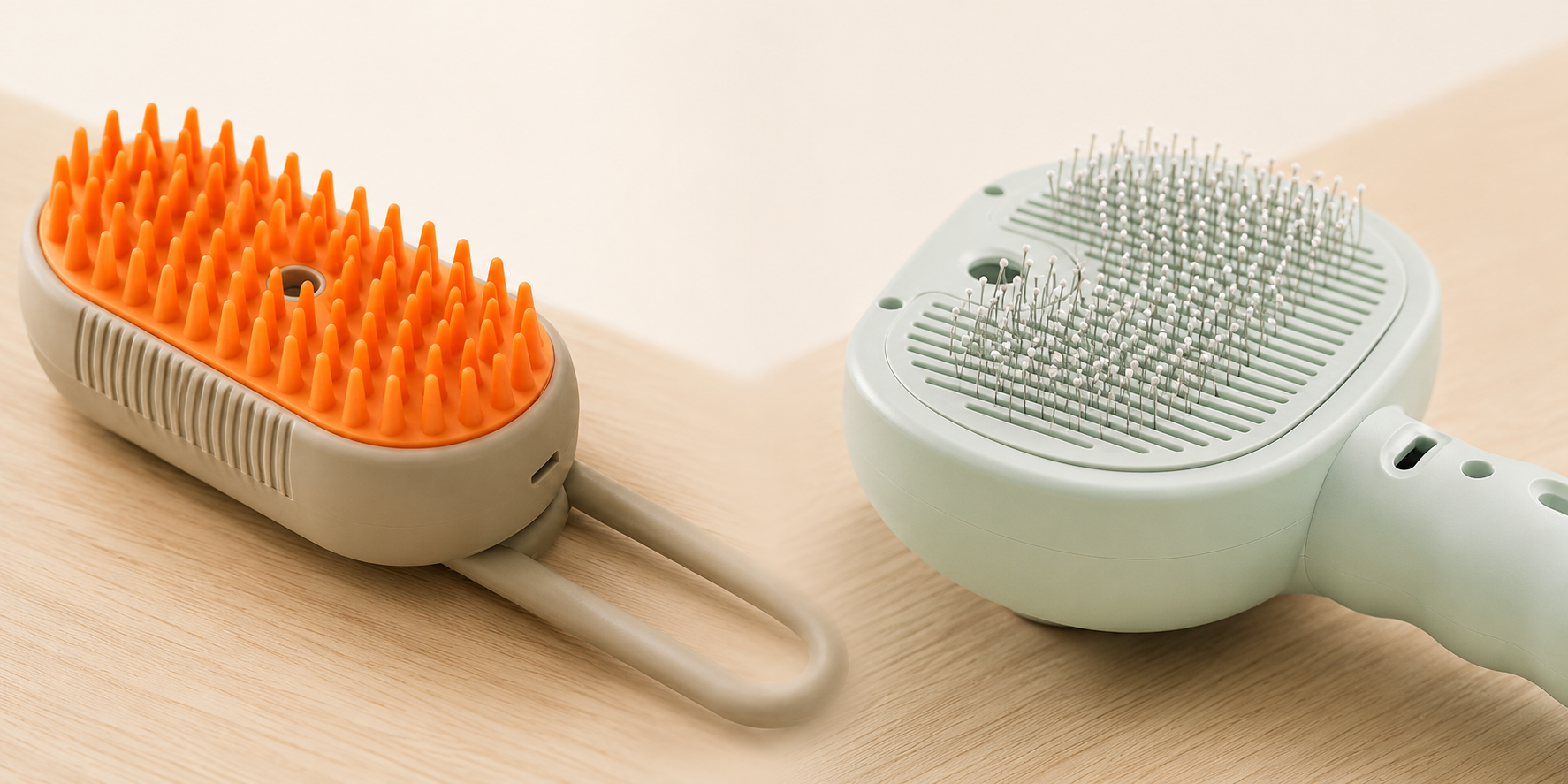 Foldable and one-piece mist grooming brush head styles