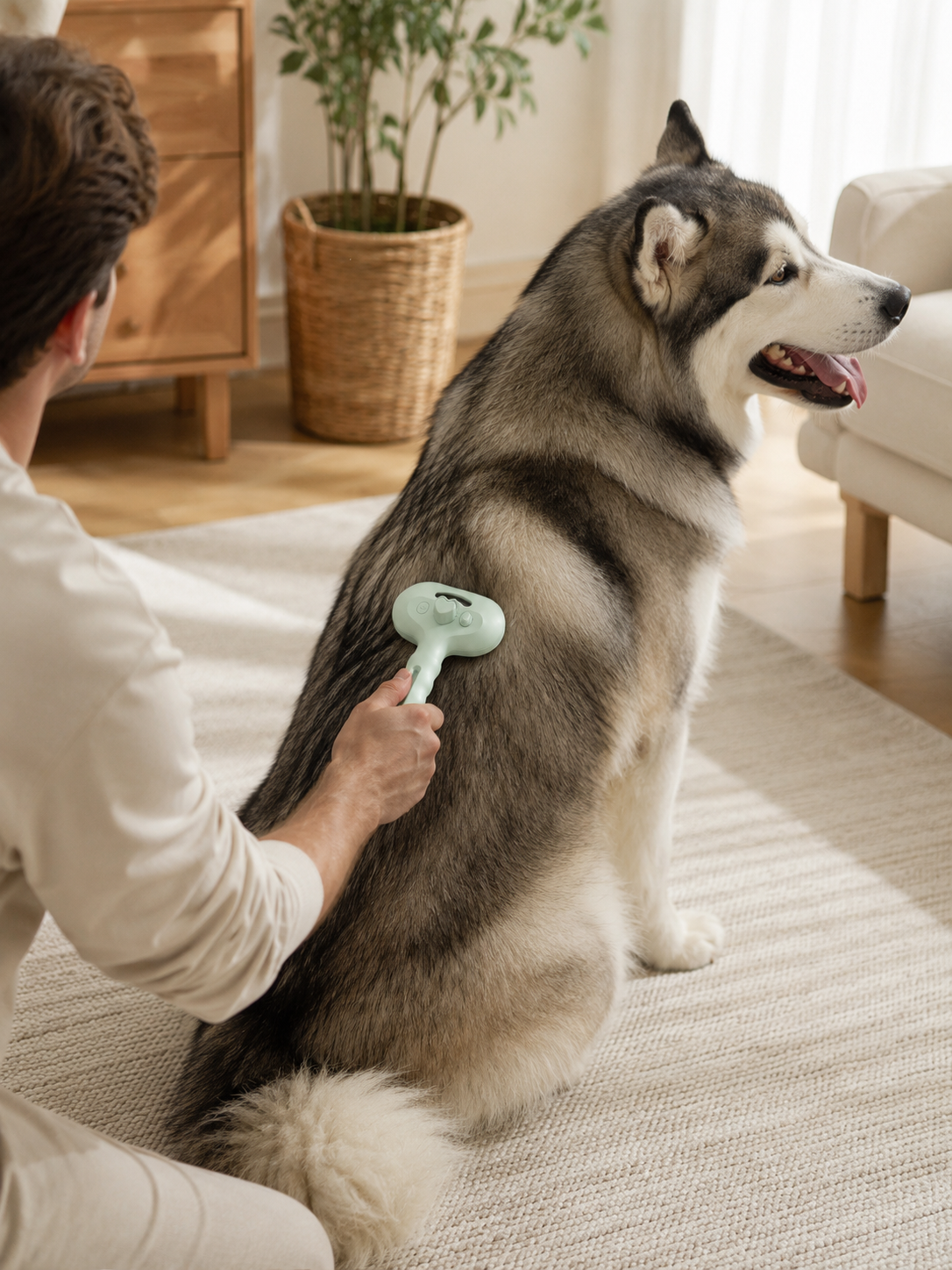 Mist grooming brush used gently on a dog