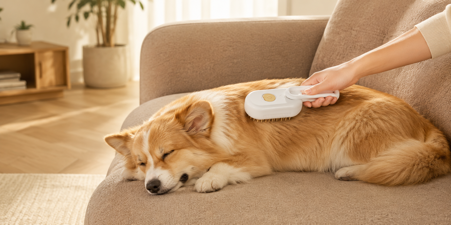Calm dog grooming scene with foldable mist grooming brush