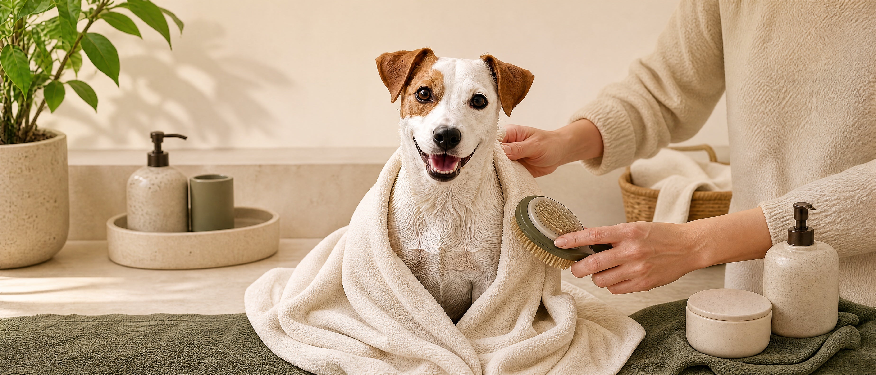 PawKivo dog being gently groomed after bath time