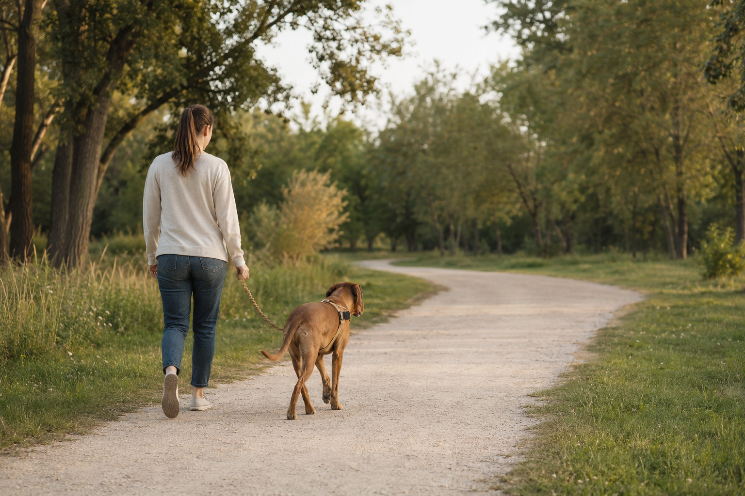 Owner and dog walking together on a quiet park path