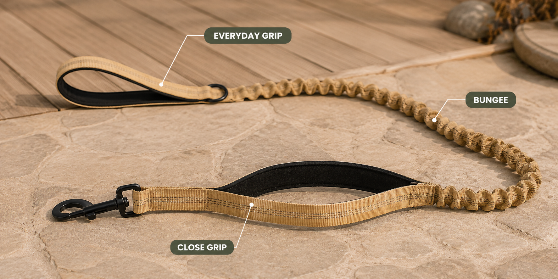 Dual-handle bungee leash with everyday and close grip points