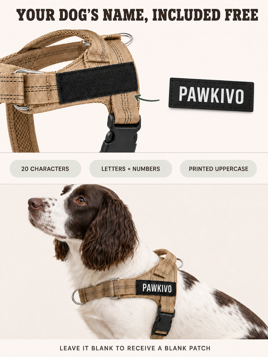 Free custom dog name patch with up to 20 letters or numbers